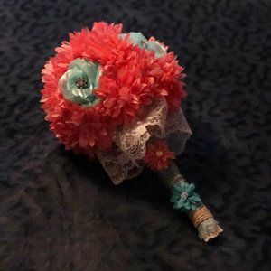 Bouquet Coral/Mint/Burlap Wedding Bridal Brooch
